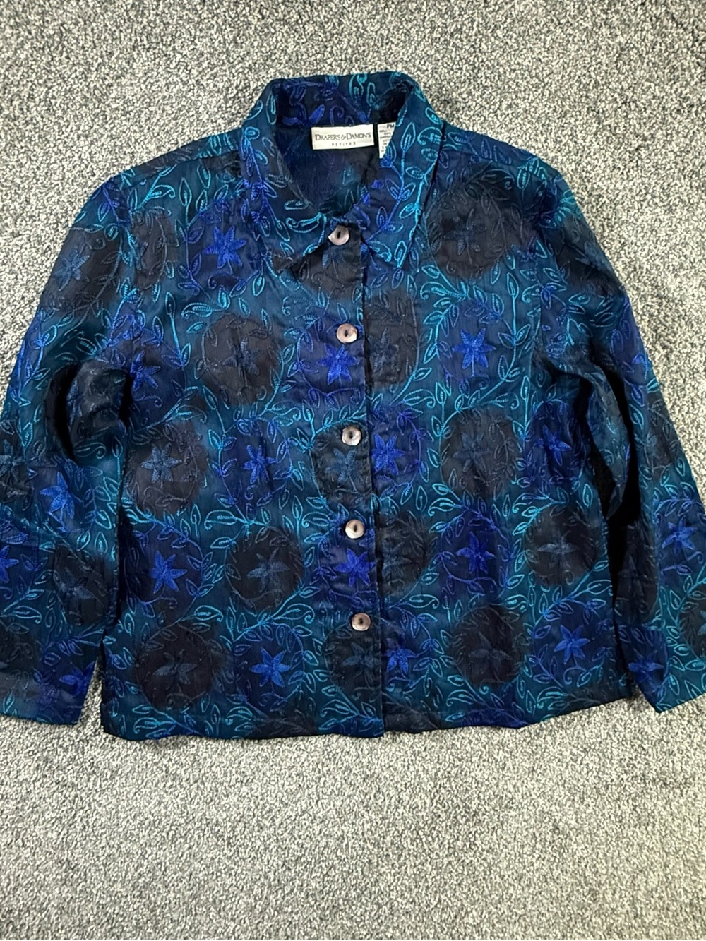 Drapers & Damons PM Sheer Silk Embroidered Floral Jacket Blue Teal